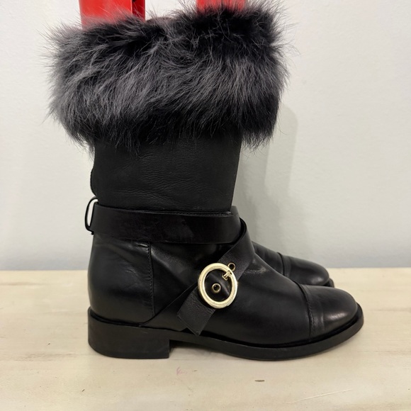 Pollini Black Leather Boots With Gray Fur Trim Size 36 - Picture 3 of 10